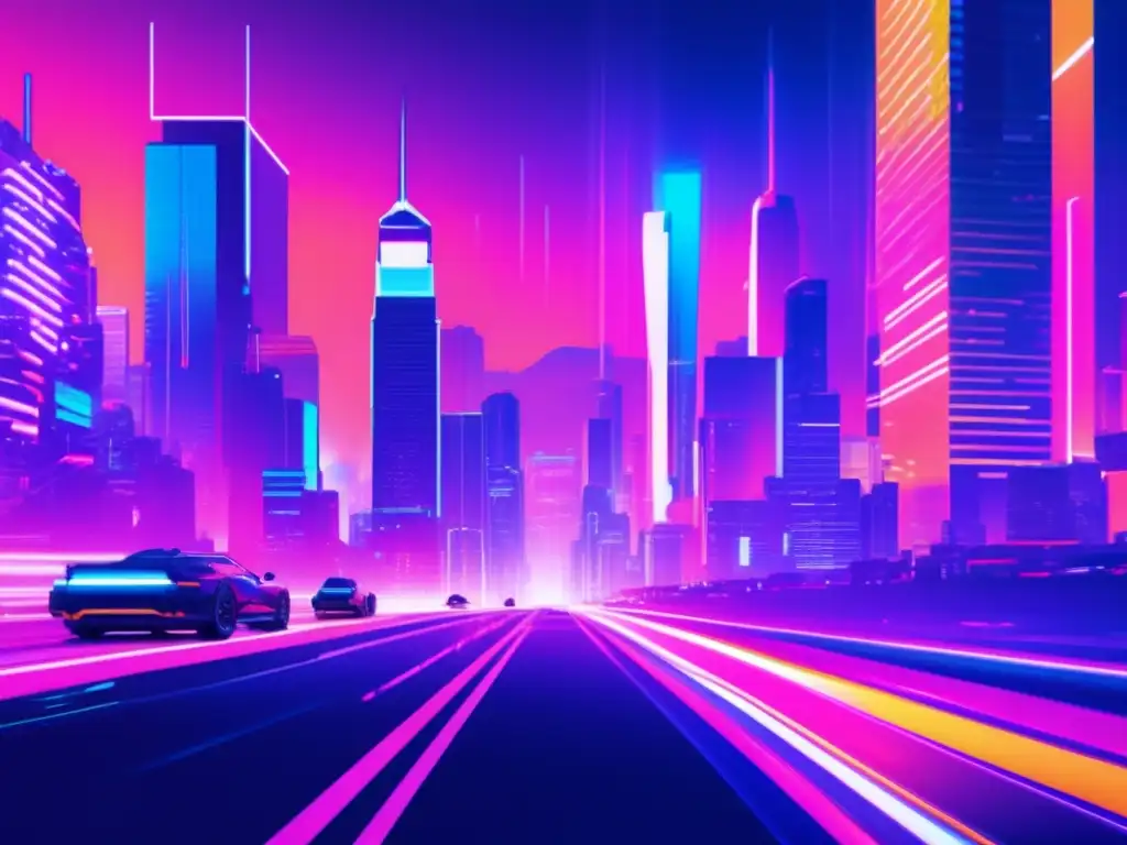 Ciudad futurista con luces neón y ciberamenazas en TikTok