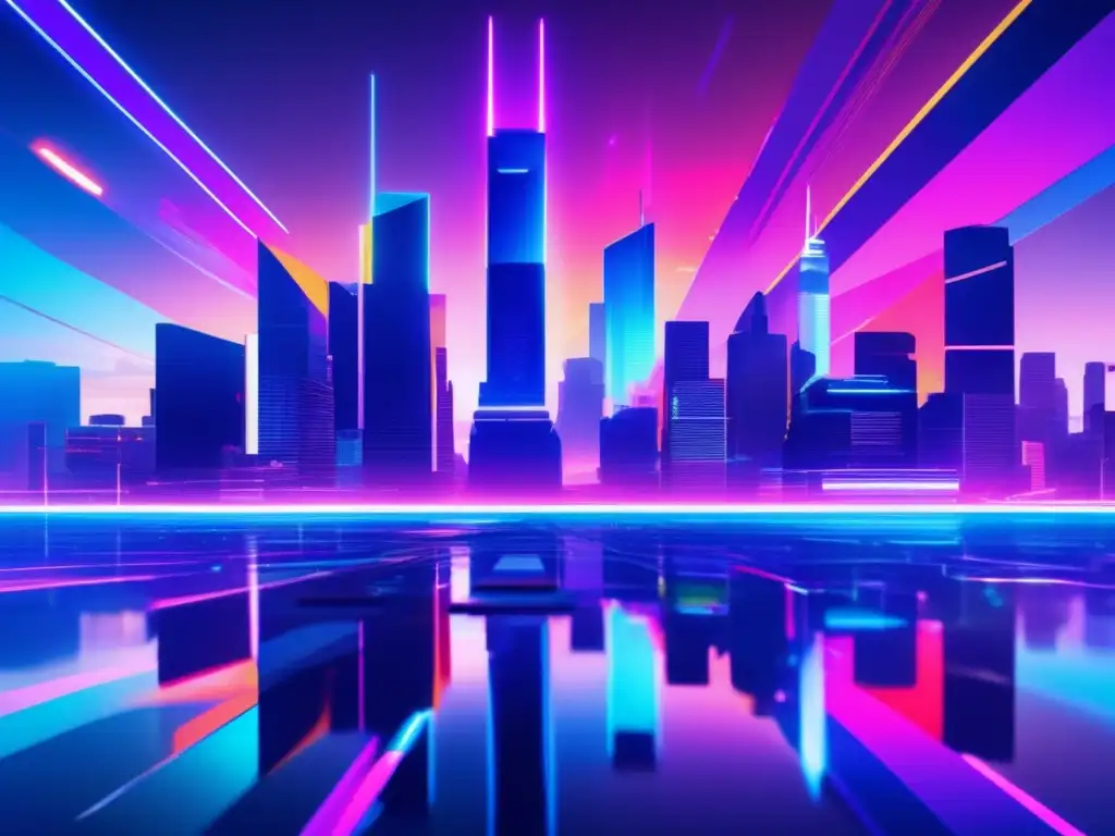 Ciudad futurista, luces neón, glitches digitales