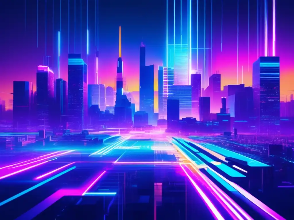 Ciudad futurista con luces de neón vibrantes y glitches digitales representando la ciberhigiene para proteger software