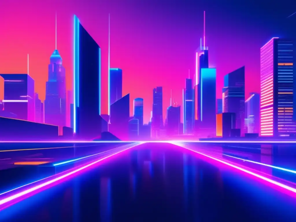 Ciudad futurista de noche, con arquitectura angular y glitch art