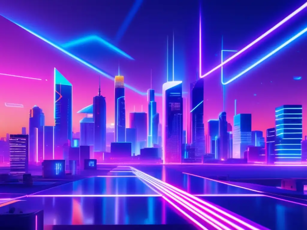 Ciudad futurista noche, luces neón vibrantes