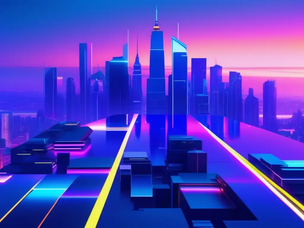 Ciudad futurista en la noche con rascacielos, luces neón y efectos de glitch