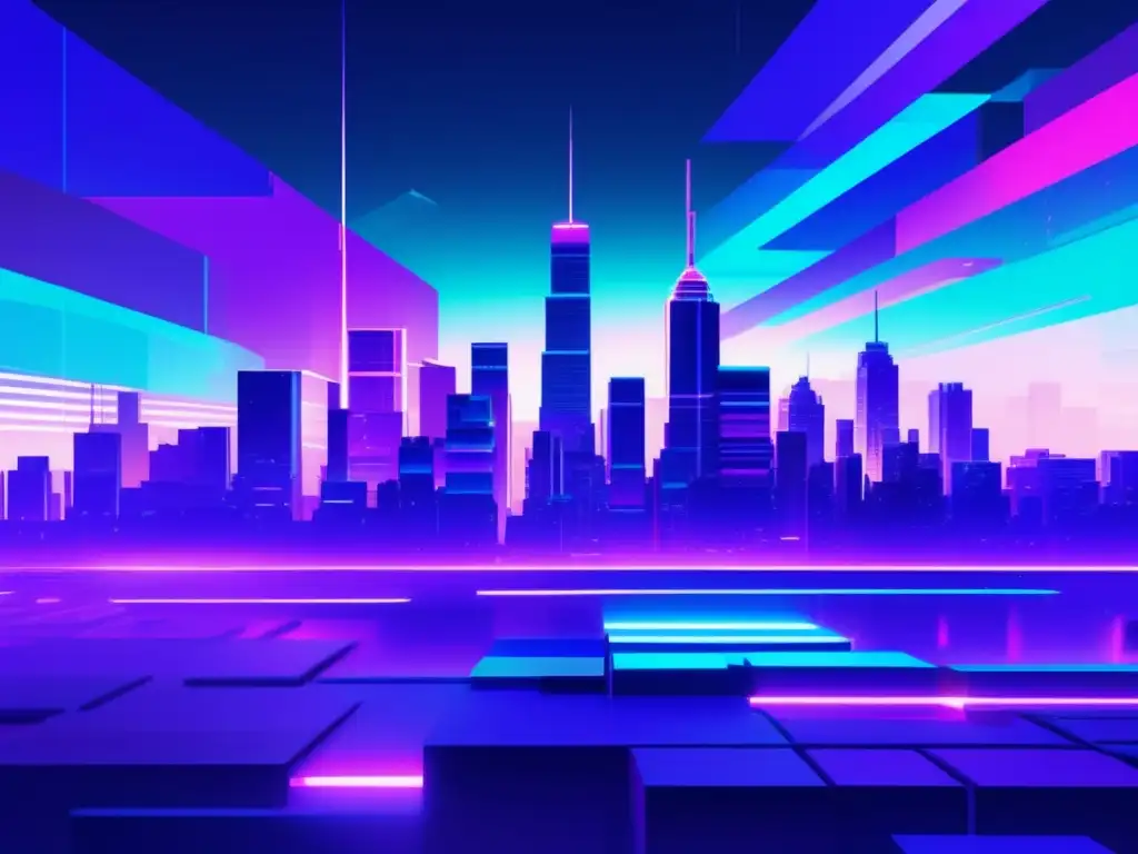 Ciudad futurista pixelada con glitches y colores vibrantes Ciudad futurista nocturna con edificios pixelados que glitch y destellan