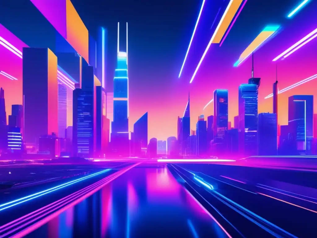 Ciudad futurista nocturna con luces de neón y arte glitch digital, representando la ciberética en la era de la ciberseguridad