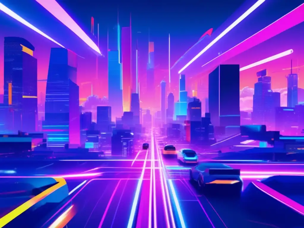 Ciudad futurista nocturna con luces neón y colores vibrantes, edificios altos y vehículos futuristas