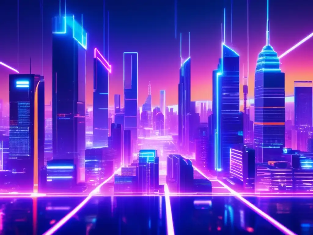 Ciudad futurista nocturna con rascacielos adornados de luces neón, red de circuitos brillantes y estilo glitch art evidente