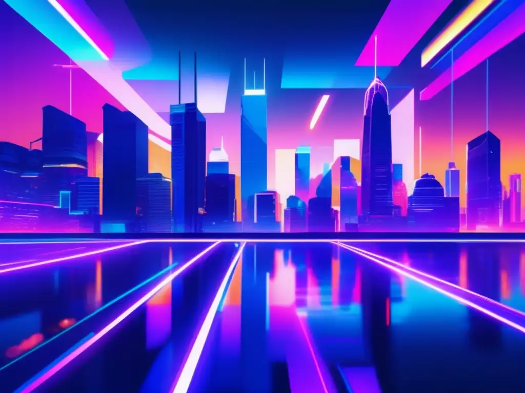 Una ciudad futurista con rascacielos altos y luces neón vibrantes, estilo glitch art que refleja incertidumbre y digitalización