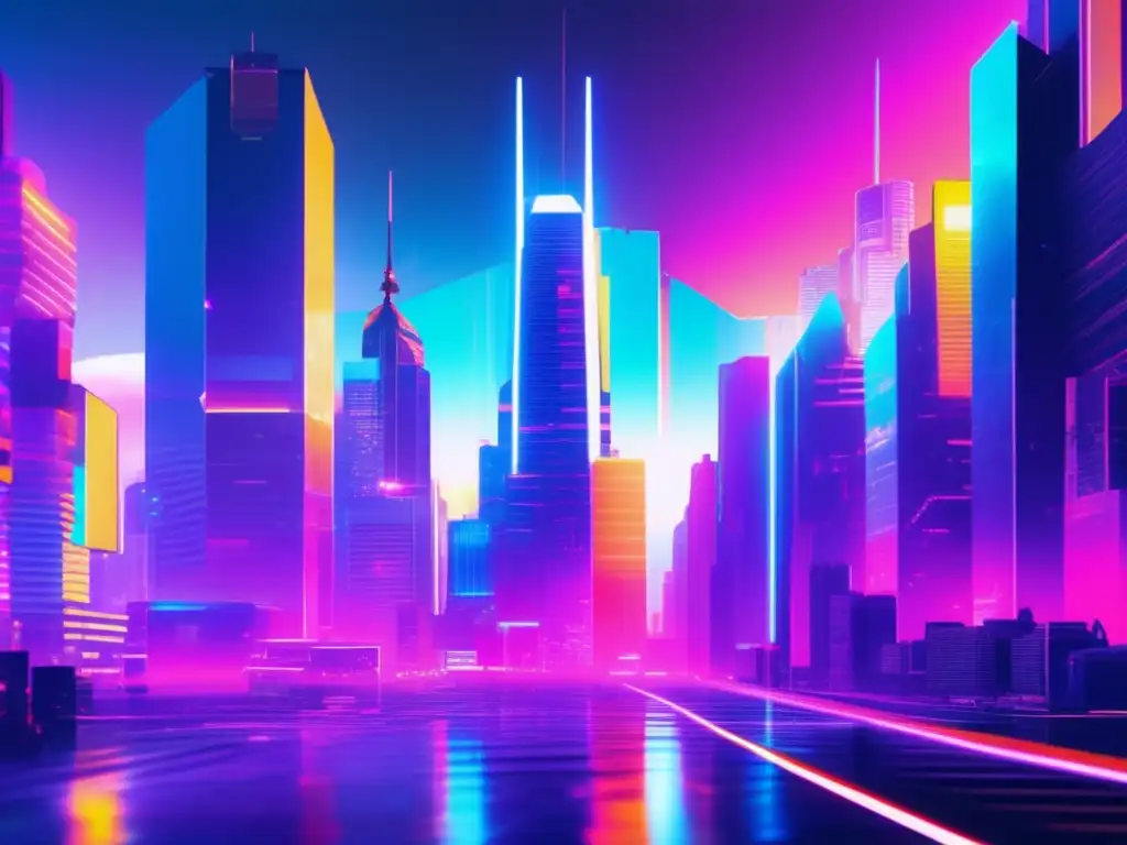 Futuro ciberseguro con IA Ciudad futurista con rascacielos distorsionados y efectos de glitch