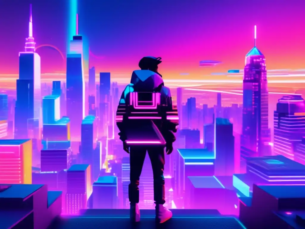 Ciudad futurista con rascacielos fragmentados y neon lights