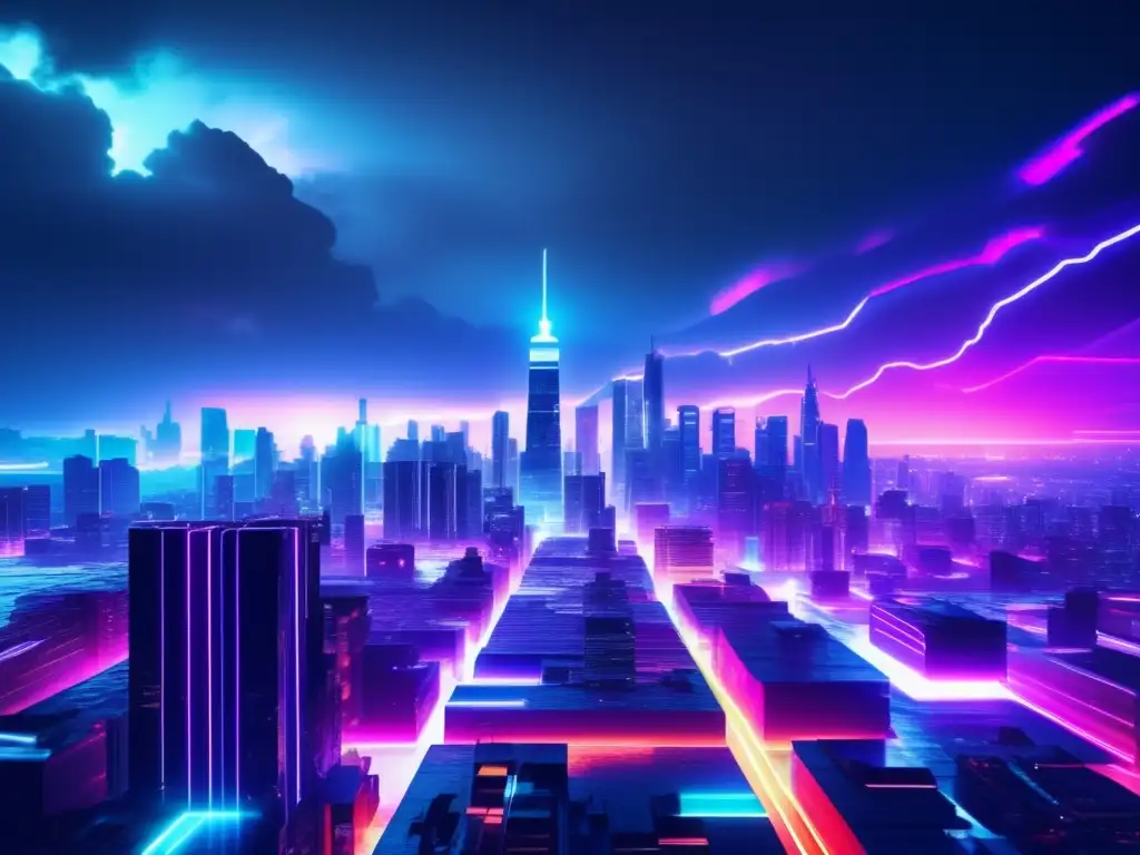 Ciudad futurista con rascacielos y luces de neón flickering