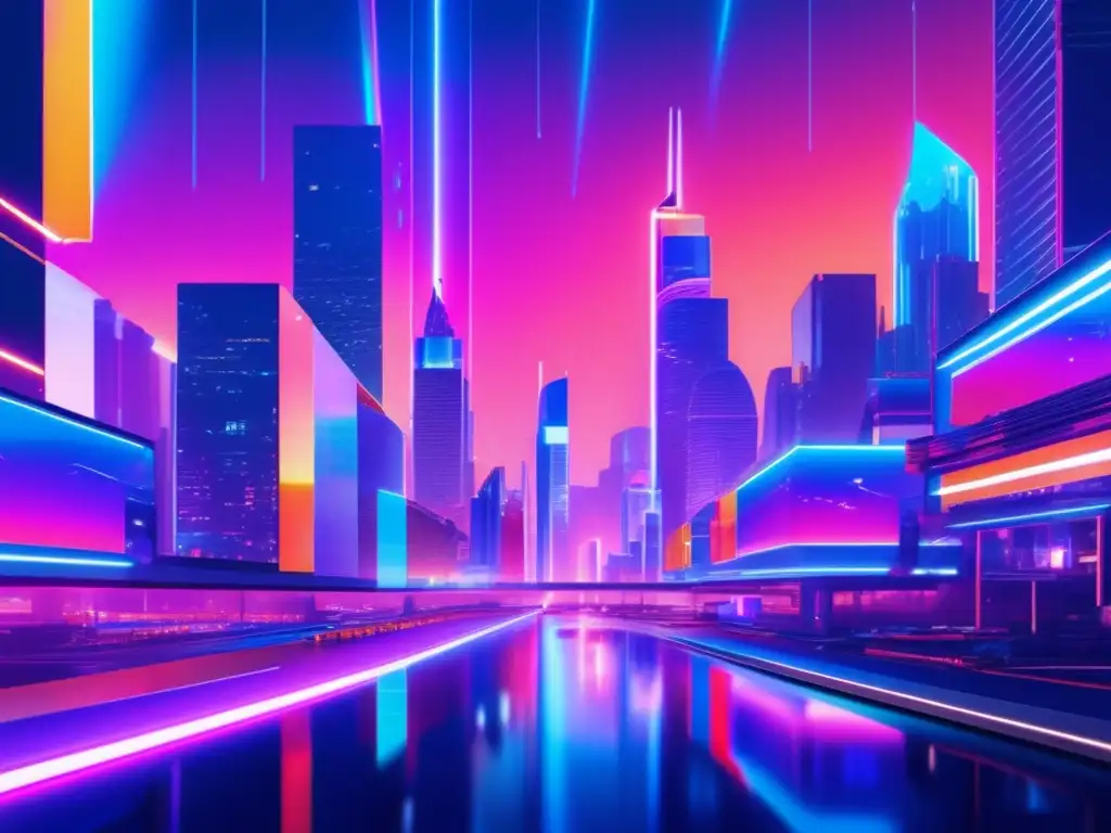 Ciudad futurista con rascacielos, luces neón y efecto glitch