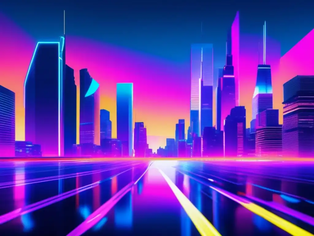 Ciudad futurista con rascacielos y luces neón caóticas