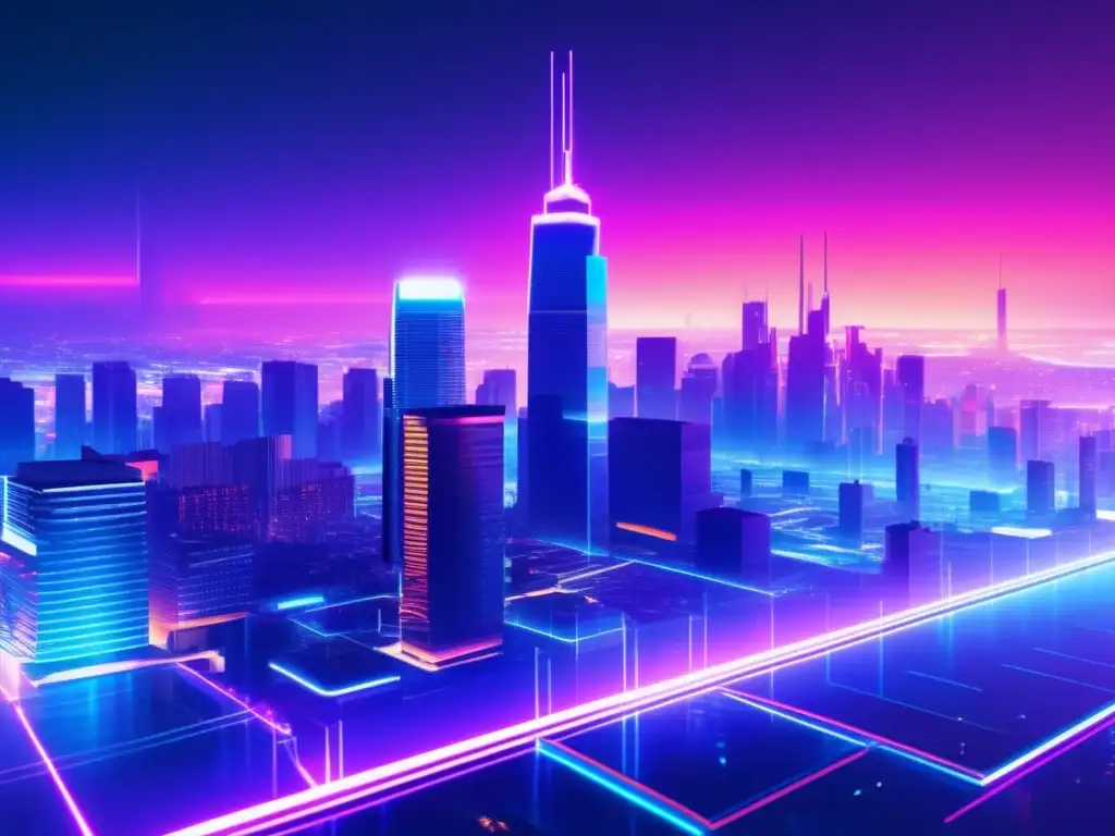 Ciudad futurista con rascacielos, luces neon y efectos glitch