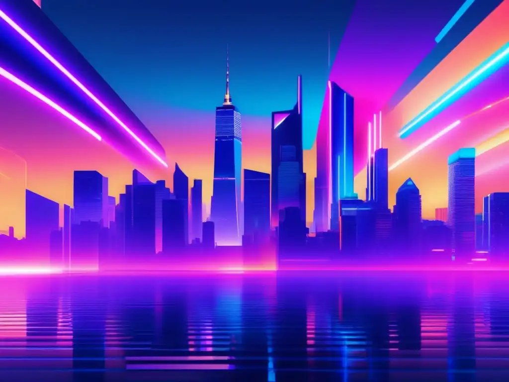 Ciudad futurista con rascacielos, luces neón y efectos glitch