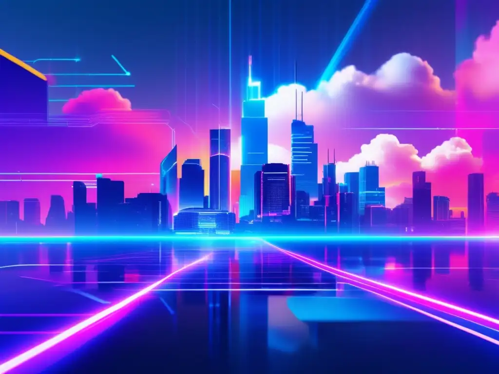 Ciudad futurista con rascacielos, luces neón y un icono de bloqueo digital