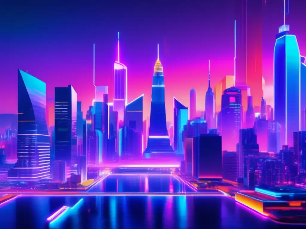 Ciudad futurista en 8K con rascacielos, luces neón y colores vibrantes