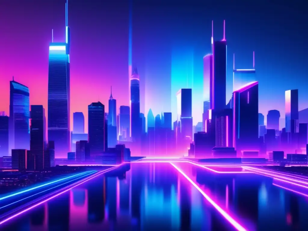 Ciudad futurista con rascacielos, luces de neón y efectos de glitch