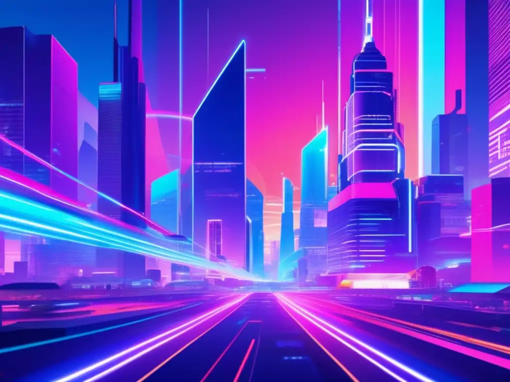 Ciudad futurista con rascacielos y luces neón, conectada por caminos digitales