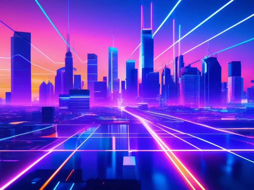 Ciudad futurista con rascacielos neon y líneas IoT brillantes