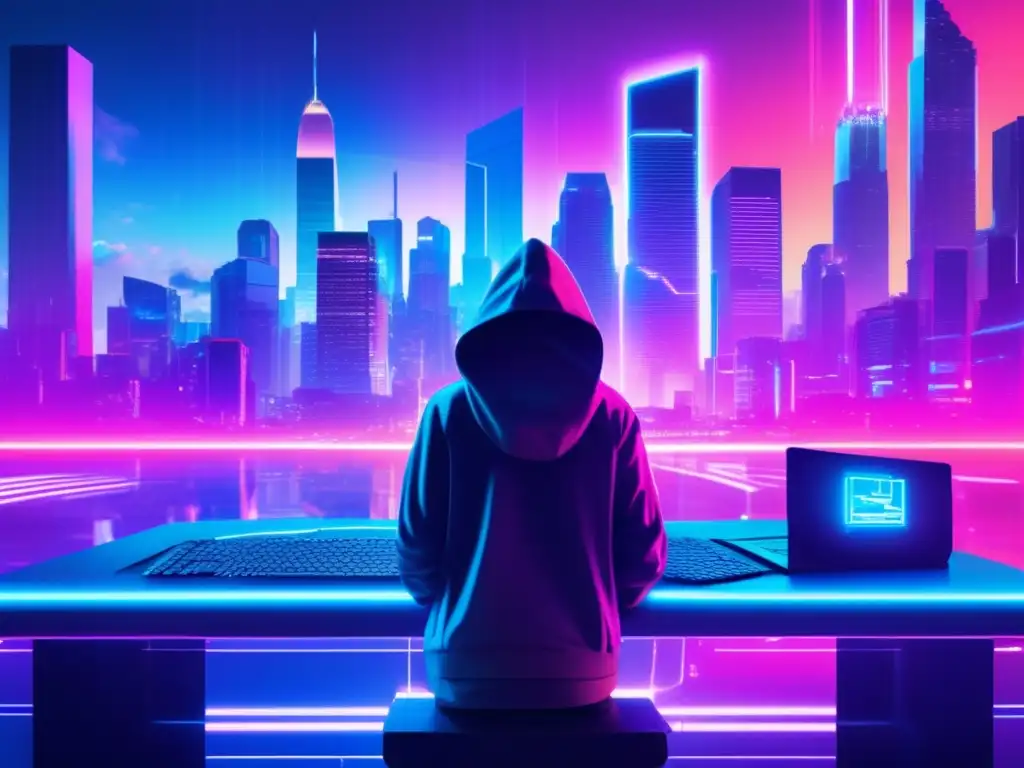 Ciudad futurista con rascacielos neon, circuitos y hacker previniendo ransomware en utilities