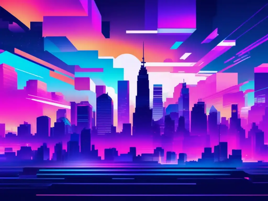 Ciudad futurista con rascacielos pixelados y coloridos, nubes glitchadas y hacker tecleando en holograma