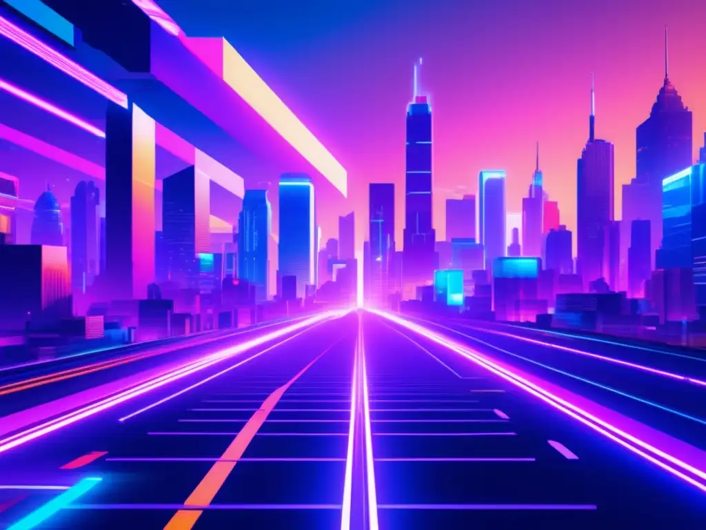 Ciudad futurista con rascacielos pixelados y luces de neón