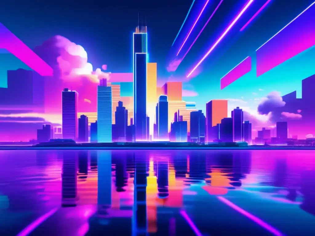 Ciudad futurista con rascacielos pixelados y luces de neón