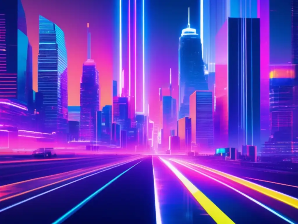 Ciudad futurista con rascacielos vibrantes y glitches digitales
