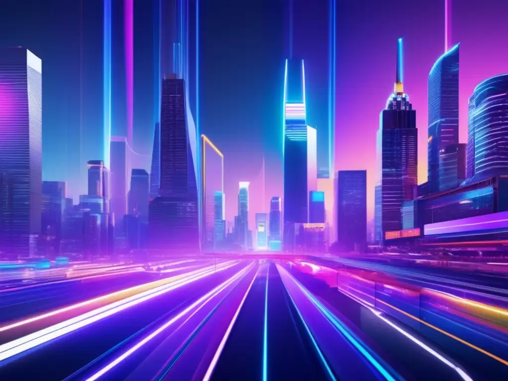 Ciudad nocturna con rascacielos iluminados por luces de neón