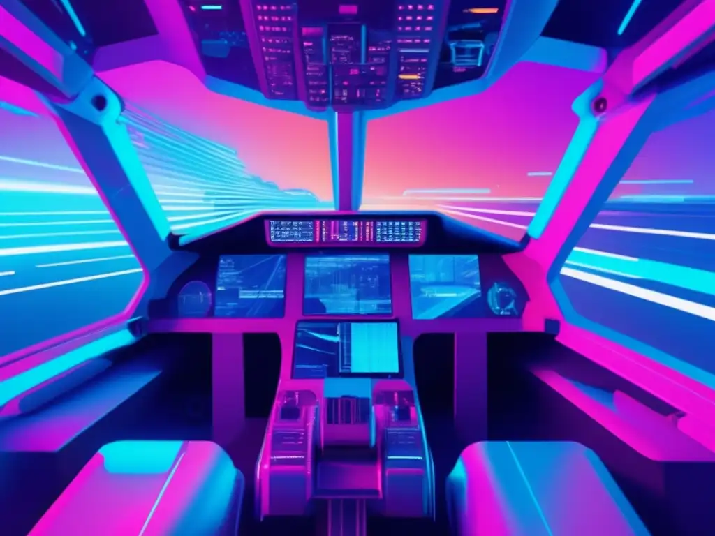 Cockpit futurista rodeado de glitches, ilustrando amenazas cibernéticas y ciberseguridad en sistemas de aviónica