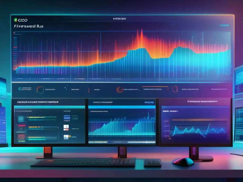 Comparativa firewalls empresariales Cisco vs Palo Alto Networks: Interfaz futurista con colores vibrantes y distorsiones digitales