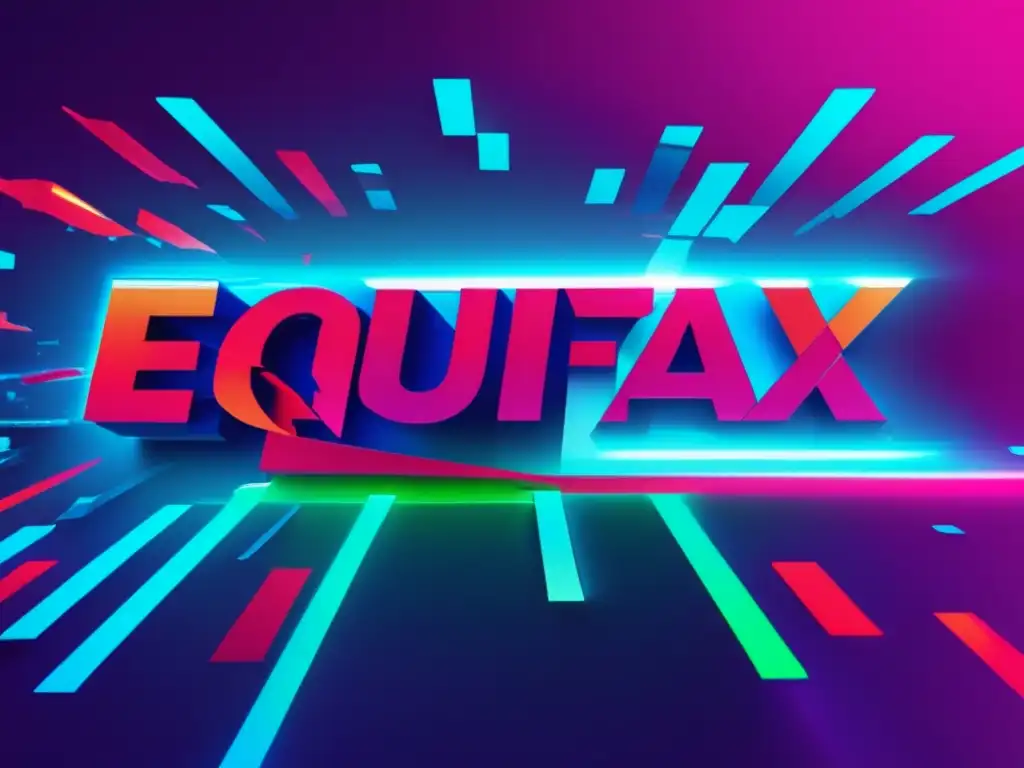 Consecuencias brecha seguridad Equifax: imagen de glitch art del logo de Equifax roto con fragmentos de código digital dispersos