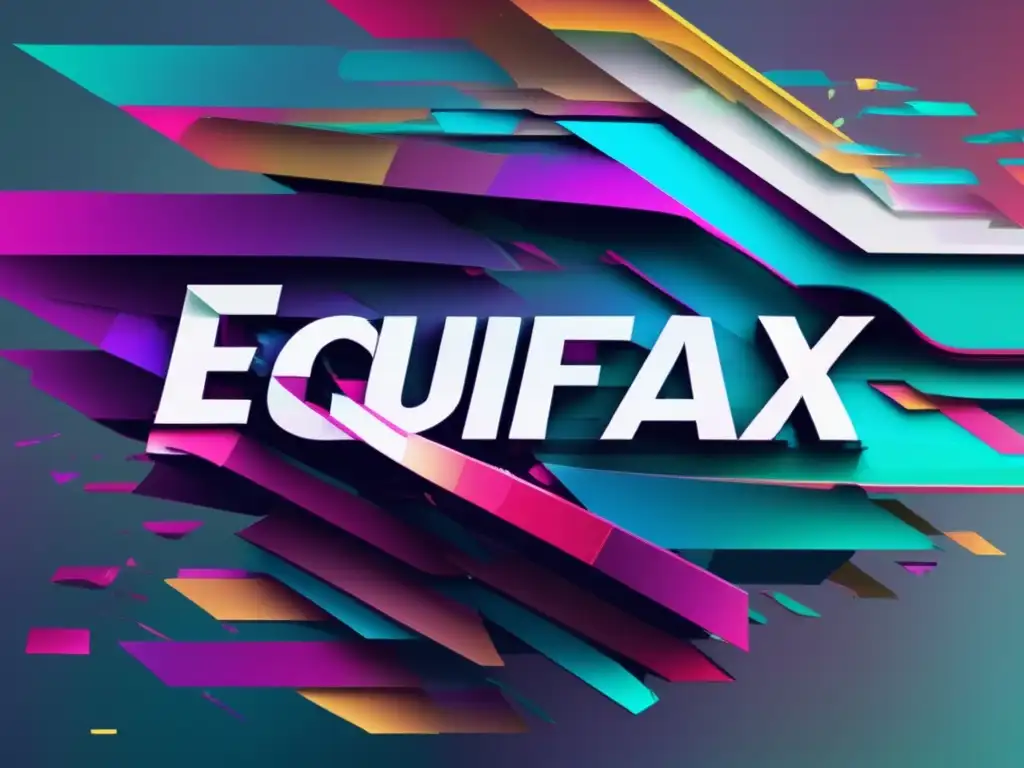 Consecuencias Equifax: fuga información personal, logo destrozado y caótico en colores glitch