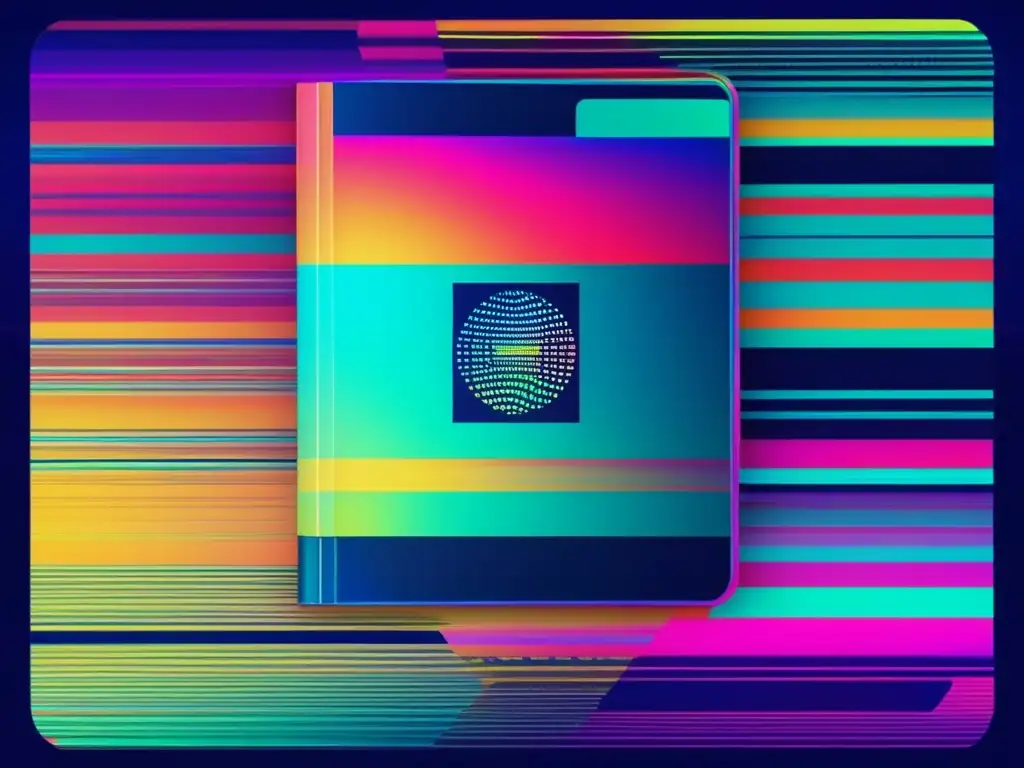 Consejos ciberseguridad para viajes: imagen impactante de arte glitch, muestra cubierta de pasaporte con colores vibrantes y patrones distorsionados