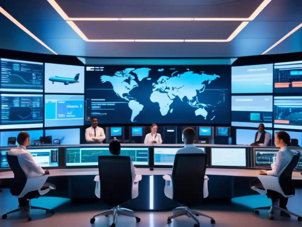 Control room en aeropuerto, tecnología avanzada y profesionales monitoreando datos y previniendo ciberataques en seguridad aérea