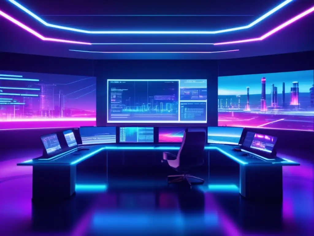 Control room futurista en sector energético con glitch art y monitores holográficos