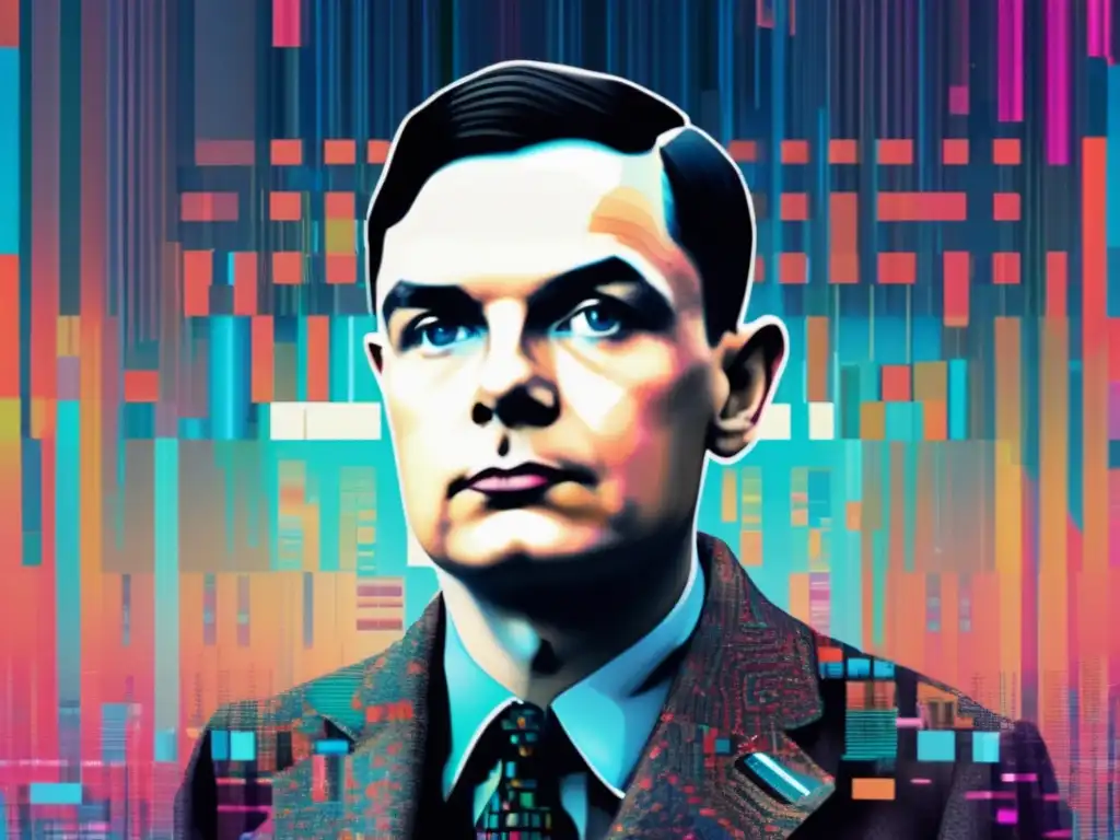 Criptografía durante la Guerra: Alan Turing - Imagen surrealista y fragmentada de Turing rodeado de códigos y símbolos criptográficos