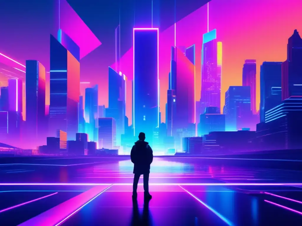 Cursos especializados en ciberseguridad: Glitch art futurista de paisaje digital, con una ciudad iluminada por luces neón y un avatar glitchedout