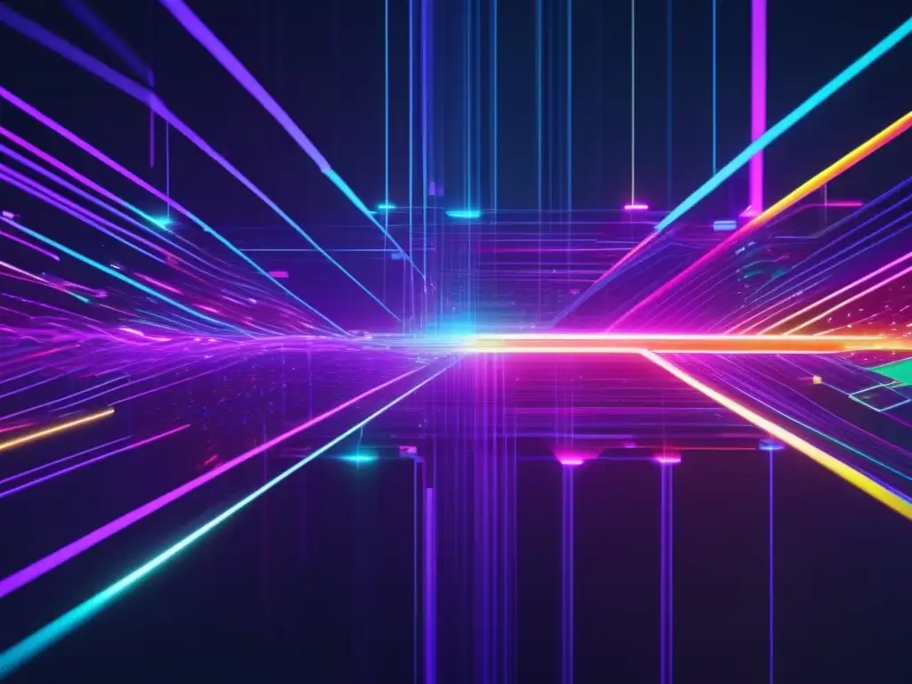 Flujo de datos enredado Gestión ética de datos en ciberseguridad: Imagen de glitch art con vibrantes colores neón y nodos de datos interconectados