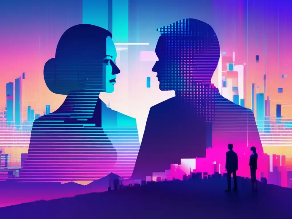Paisaje digital: ética y seguridad Gestión ética de datos en ciberseguridad: Paisaje digital con glitches y figuras binarias, simbolizando la complejidad de la ética y tecnología