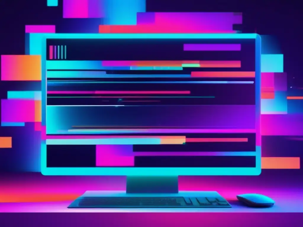 Desarrollo software seguro era cuántica: Glitches y geometría distorsionada en pantalla futurista