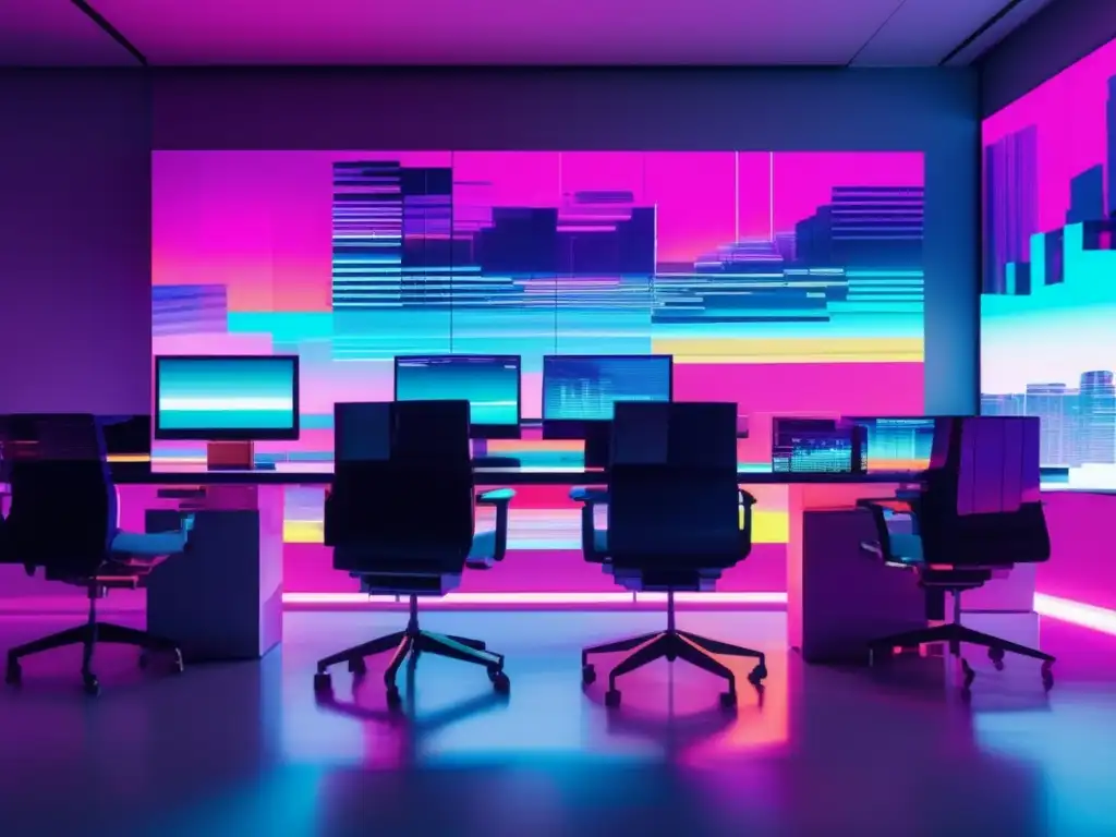 Paisaje digital fragmentado de oficina MedidasSeguridadTeletrabajo: Oficina glitch digital, muebles fragmentados, colores vibrantes