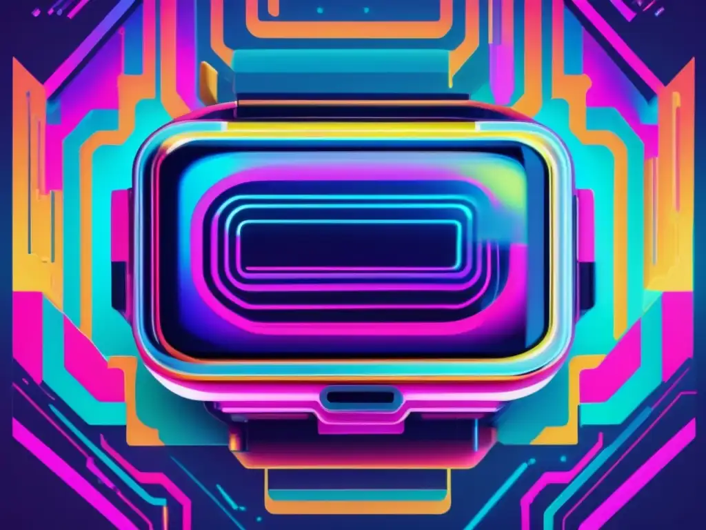 Dispositivo futurista con aura digital y colores distorsionados Dispositivo wearable futurista rodeado de colores vibrantes y distorsionados