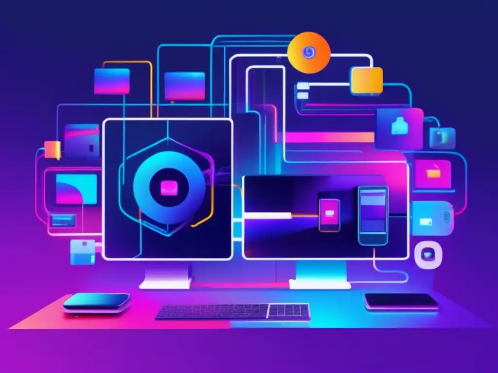 Glitch art: Interconexión IoT y ciberamenazas Protección ciberseguridad IoT dispositivos inteligentes: Glitch art que representa la amenaza de malware en una red de dispositivos IoT conectados