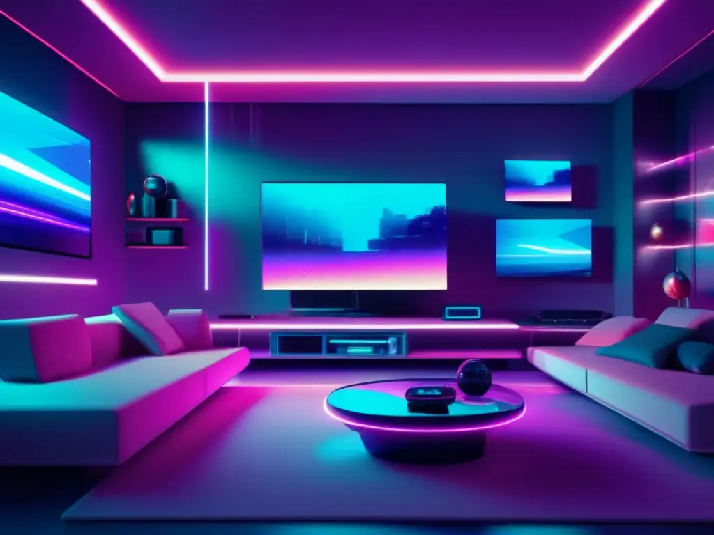 Sala futurista con dispositivos inteligentes interconectados Futuro living room con dispositivos interconectados, glitch art, ciberseguridad IoT, protección dispositivos inteligentes