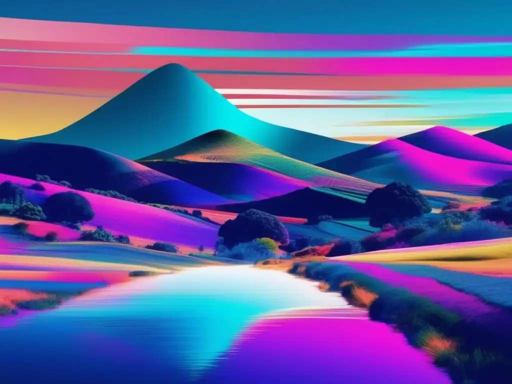 Efectos ciberataques en desigualdad: Paisaje digital glitch con ciudad pixelada, nubes y silueta glitched de persona con laptop