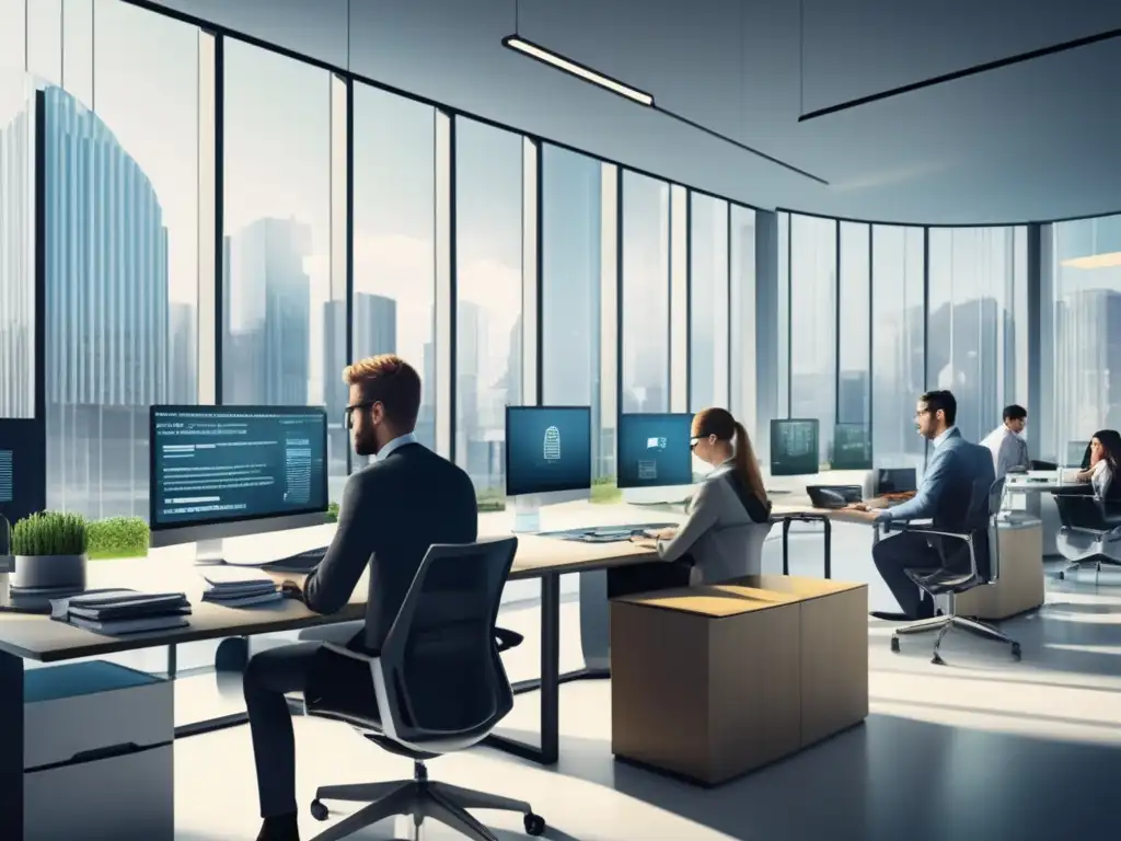 Equipo de oficina luchando contra phishing Empleados en oficina moderna, enfocados en estrategias de defensa contra phishing en ambiente corporativo