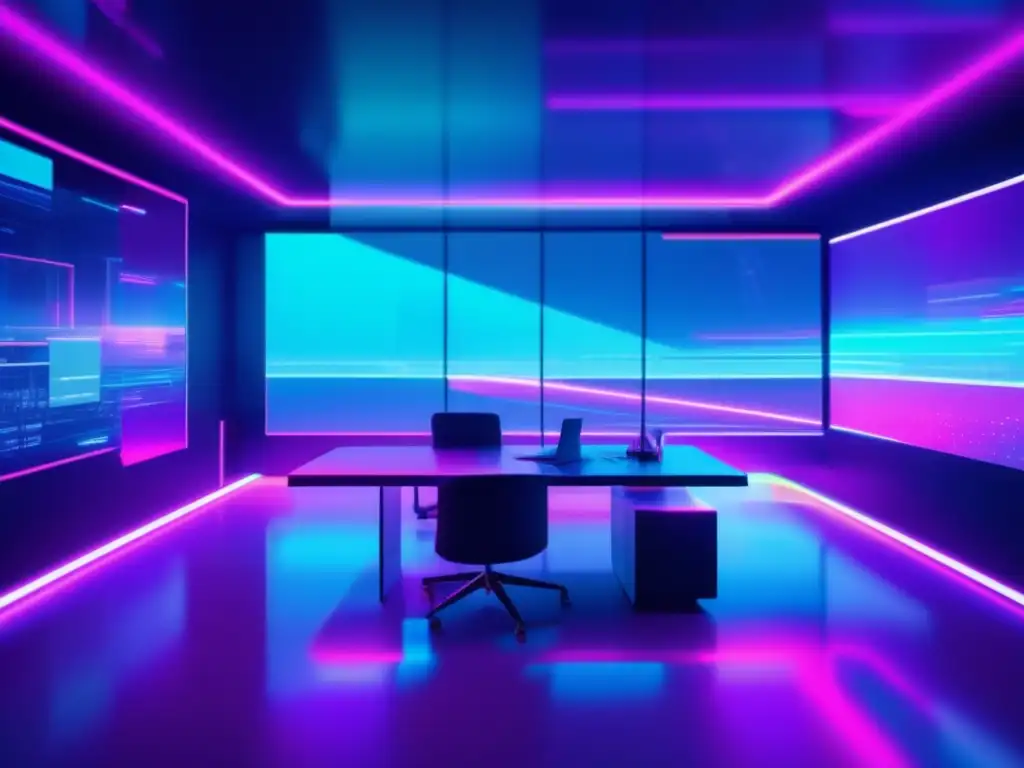 Oficina futurista con hologramas y glitch Espacio de trabajo virtual futurista con seguridad en teletrabajo