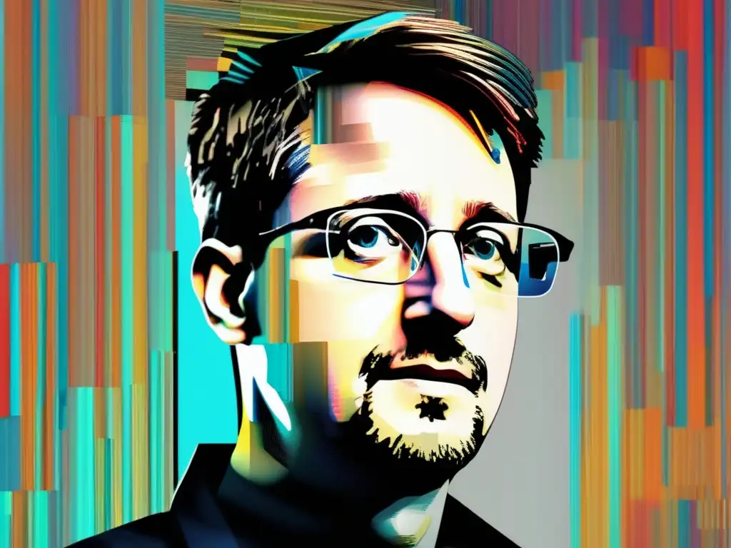 Espionaje digital Edward Snowden: retrato fragmentado y caótico con glitches y colores vibrantes