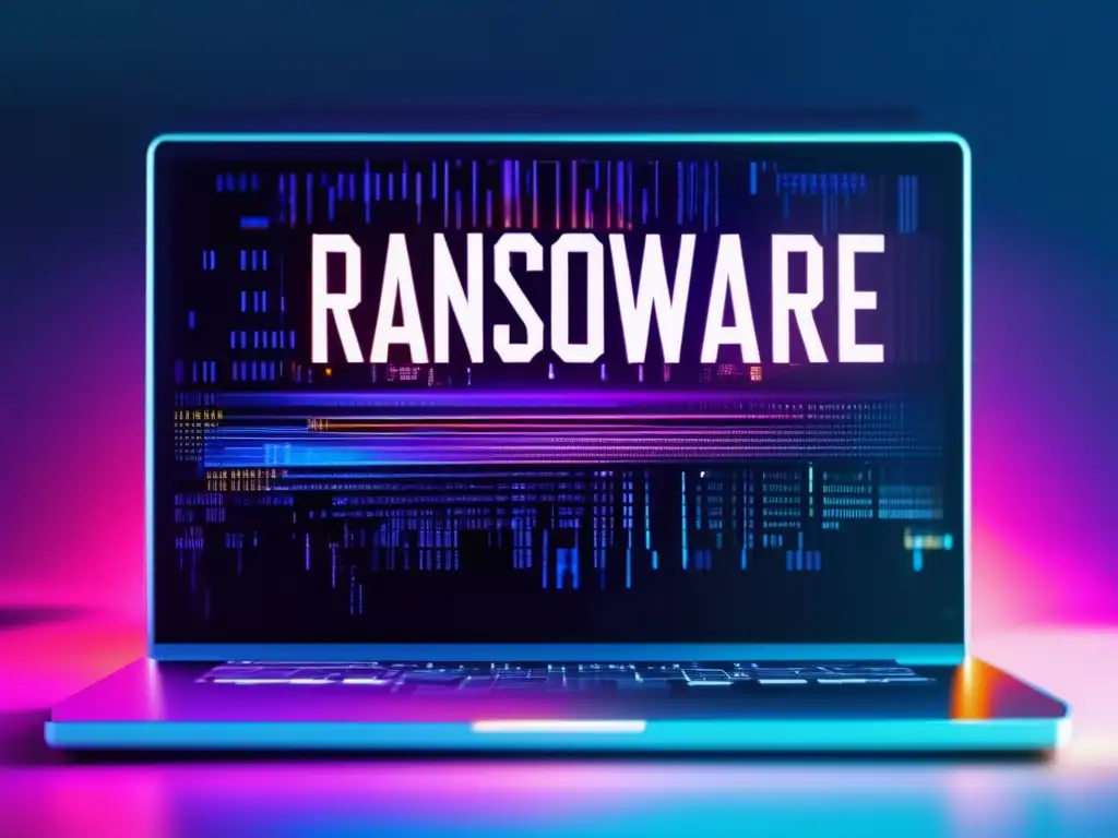 Estrategias legales contra ransomware: Imagen de pantalla de computadora distorsionada y caótica, con efecto glitch y símbolo de candado